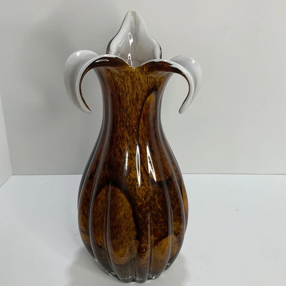 Handblown Vintage Tulip Vase‎ Tiger Eye Brown Fluted White Contrast Home Decor